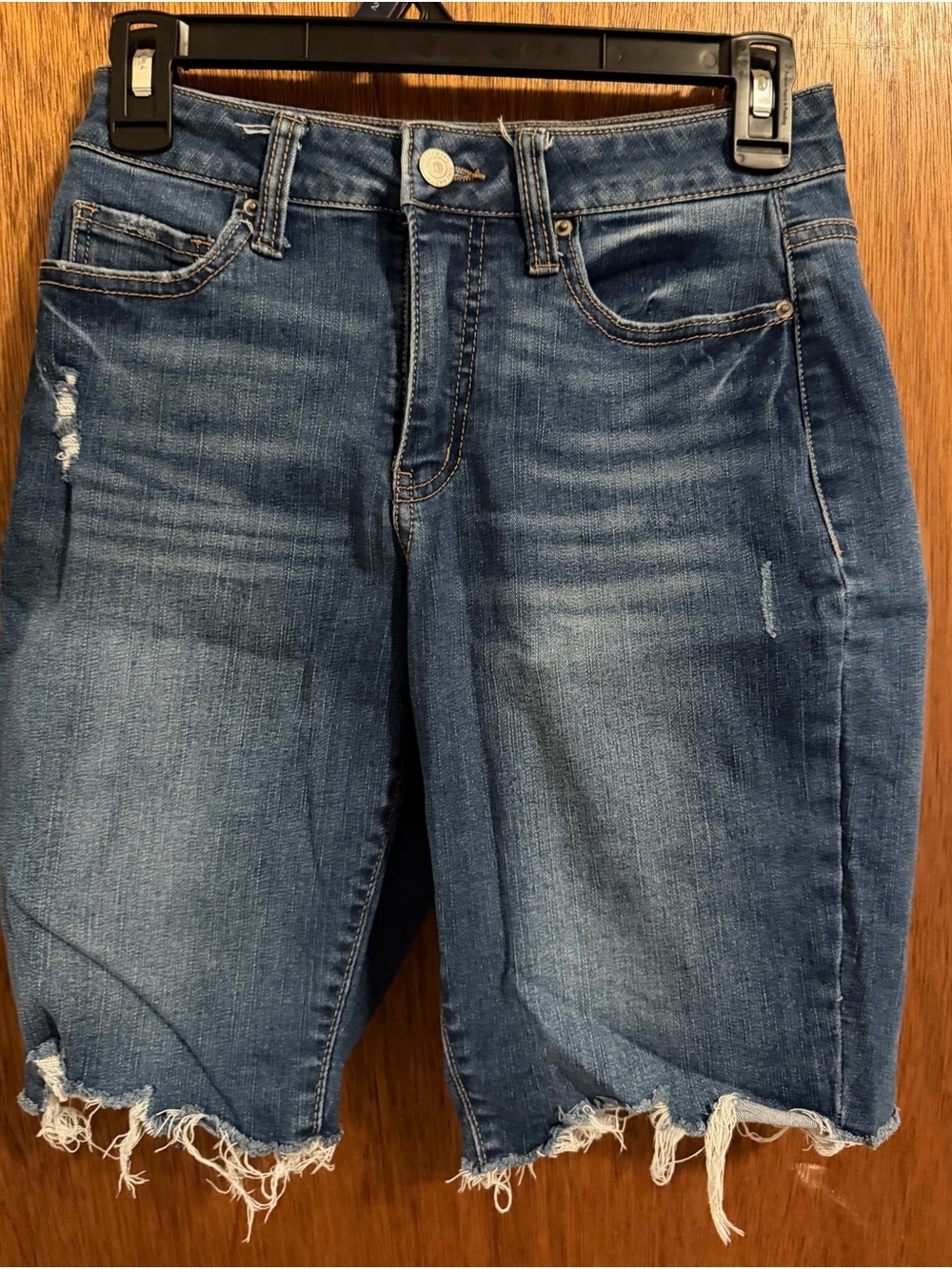 Time and Tru Distressed Midi Jean Shorts in Dark Blue Wash